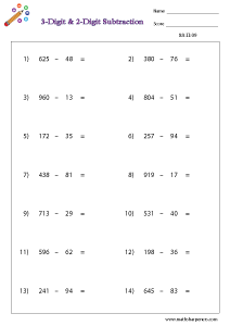 Horizontal Subtraction Worksheets