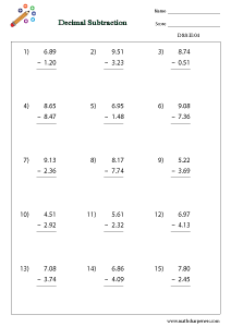 Decimal Subtraction Worksheets