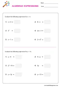 Algebraic Expressions Worksheets