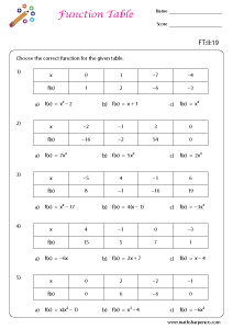 Function Table Worksheets