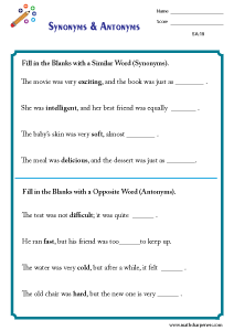 Synonyms and Antonyms Worksheets