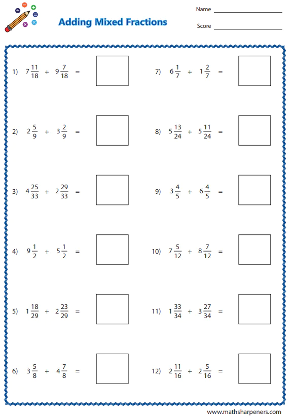 Adding Fractions Worksheets