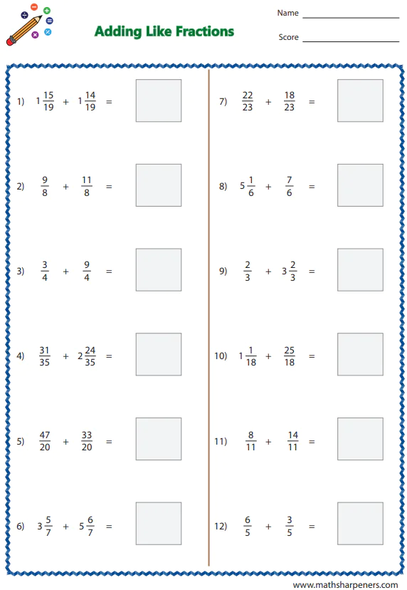 Adding Fractions Worksheets