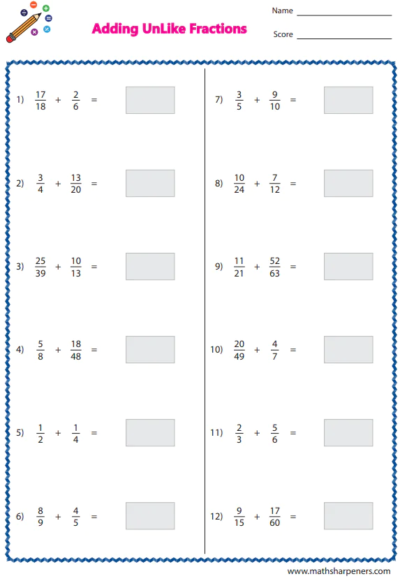 Adding Fractions Worksheets