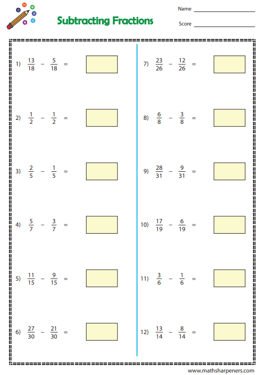 Fraction Subtraction Worksheets