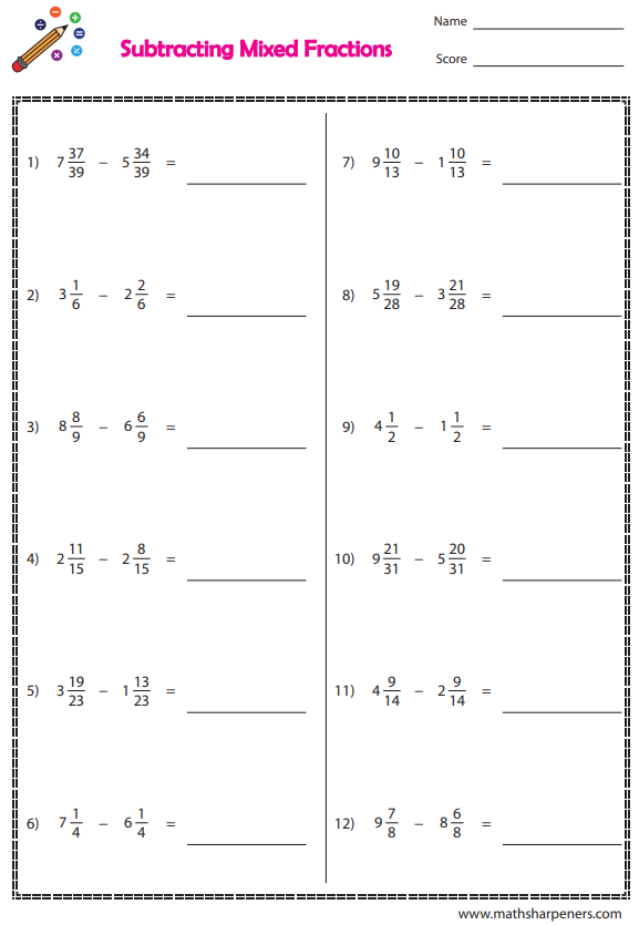 Fraction Subtraction Worksheets