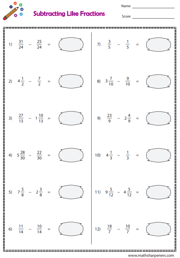 Fraction Subtraction Worksheets