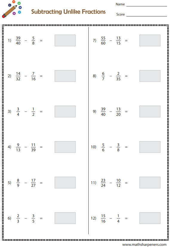 Fraction Subtraction Worksheets