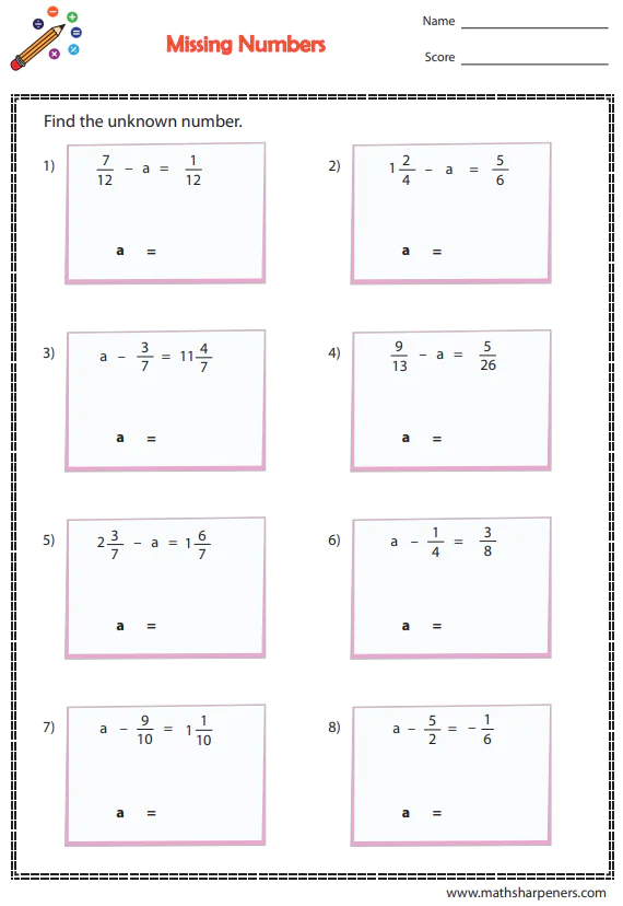 Fraction Subtraction Worksheets
