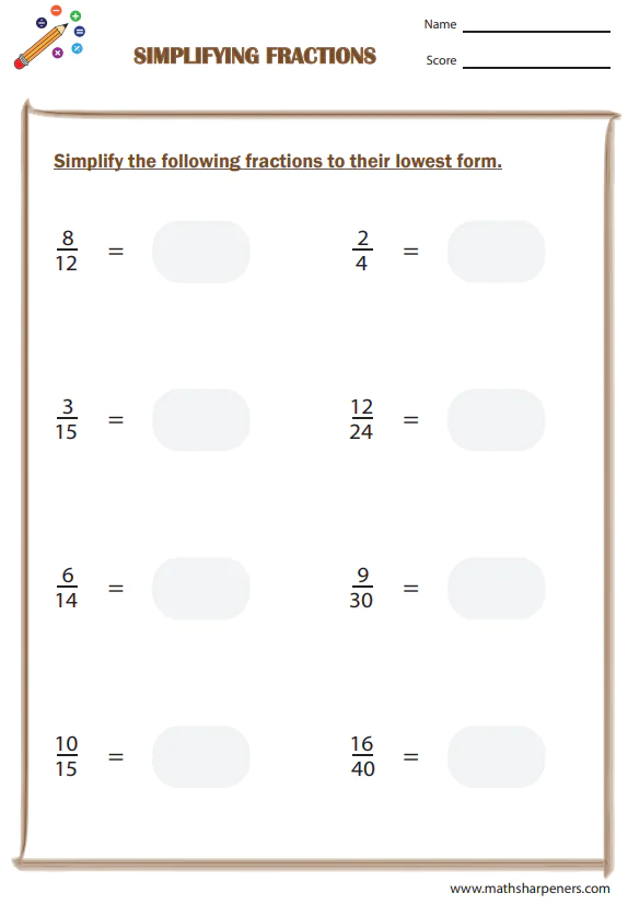 Simplifying Fractions Worksheets