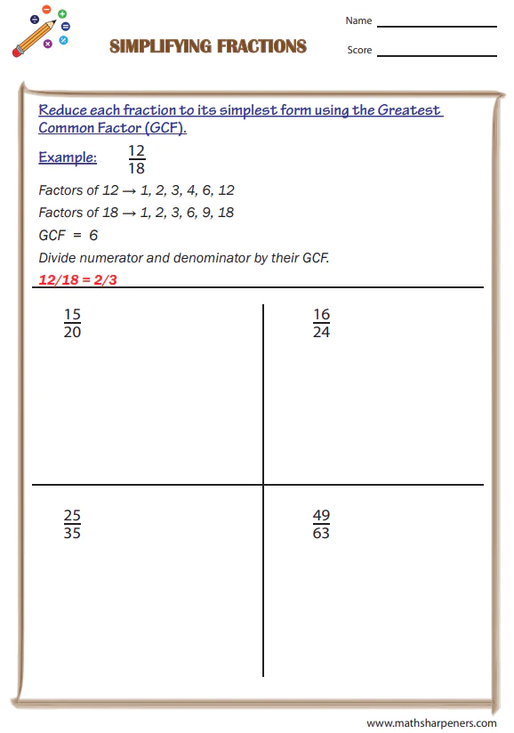 Simplifying Fractions Worksheets