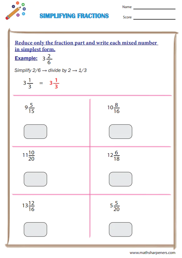 Simplifying Fractions Worksheets