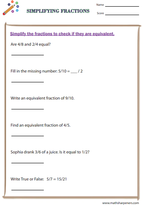 Simplifying Fractions Worksheets