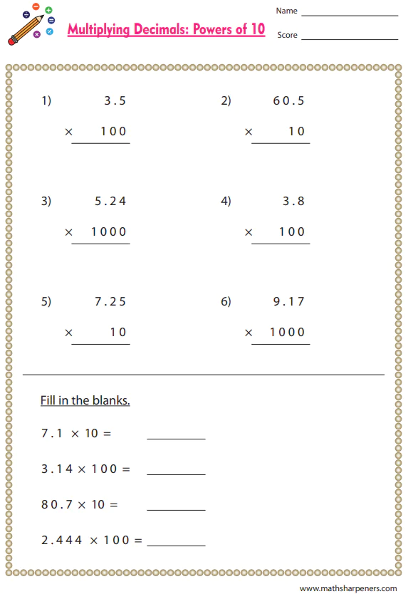 Decimal Multiplication Worksheets