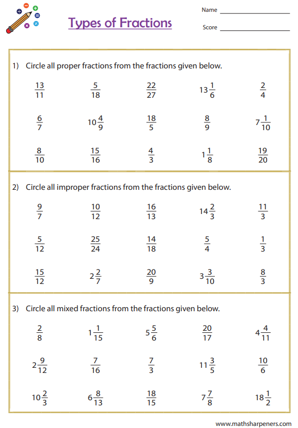Types of Fractions Worksheets