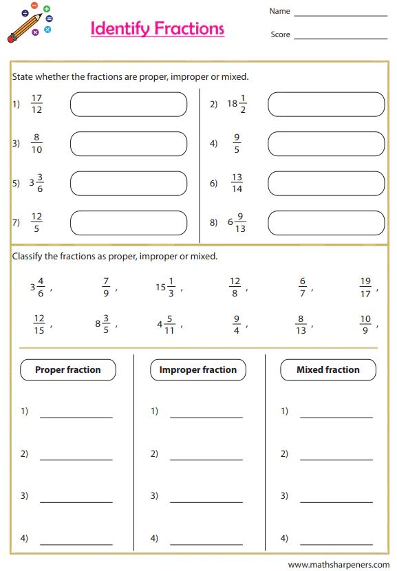 Types of Fractions Worksheets